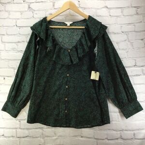 Terra Sky Blouse Womens Sz 0X 14W Blouse Green Print Peasant Flutter  NEW